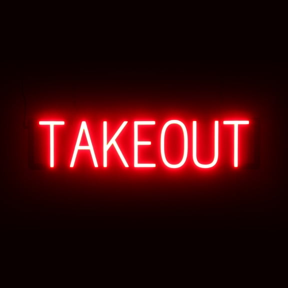 SpellBrite TAKEOUT LED Sign for Business. 28.1" x 6.3" Red TAKEOUT Sign Has Neon Sign Look With Energy Efficient LED Light Source. Visible from 500  Feet, 8 Animation Settings.