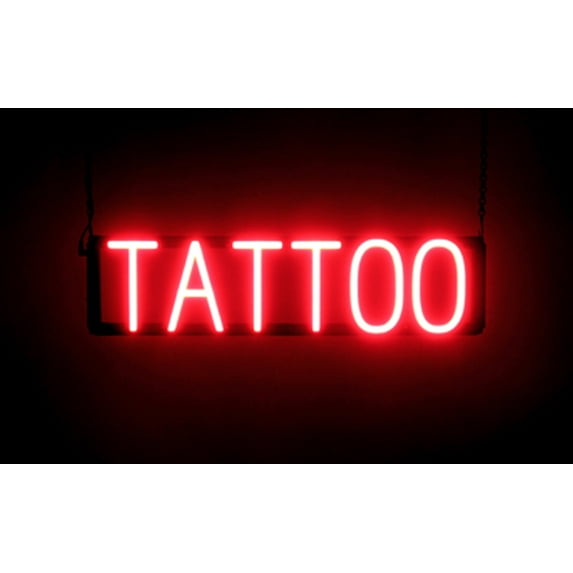SpellBrite TATTOO LED Sign for Business. 24.1" x 6.3" Red TATTOO Sign Has Neon Sign Look With Energy Efficient LED Light Source. Visible from 500+ Feet, 8 Animation Settings.