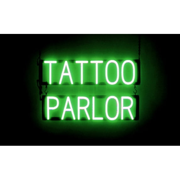 SpellBrite TATTOO PARLOR LED Sign for Business. 24.1" x 15.0" Green TATTOO PARLOR Sign Has Neon Sign Look With Energy Efficient LED Light Source. Visible from 500+ Feet, 8 Animation Settings.