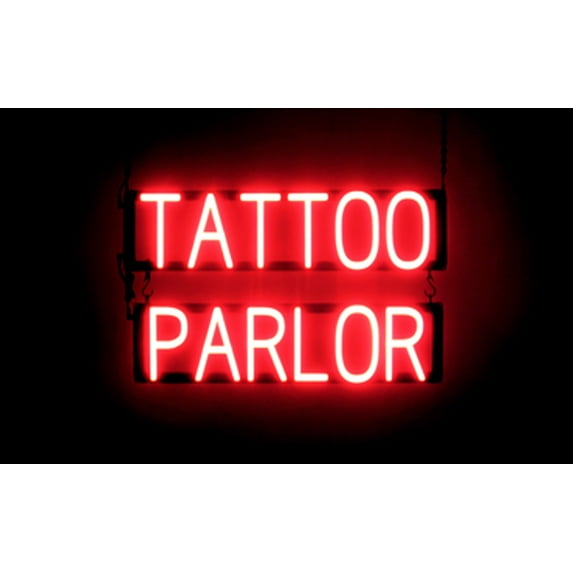 SpellBrite TATTOO PARLOR LED Sign for Business. 24.1" x 15.0" Red TATTOO PARLOR Sign Has Neon Sign Look With Energy Efficient LED Light Source. Visible from 500+ Feet, 8 Animation Settings.