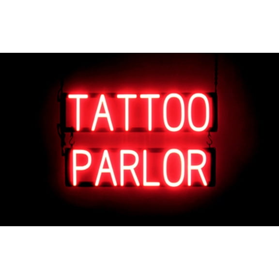 SpellBrite TATTOO PARLOR LED Sign for Business. 24.1" x 15.0" Red TATTOO PARLOR Sign Has Neon Sign Look With Energy Efficient LED Light Source. Visible from 500+ Feet, 8 Animation Settings.