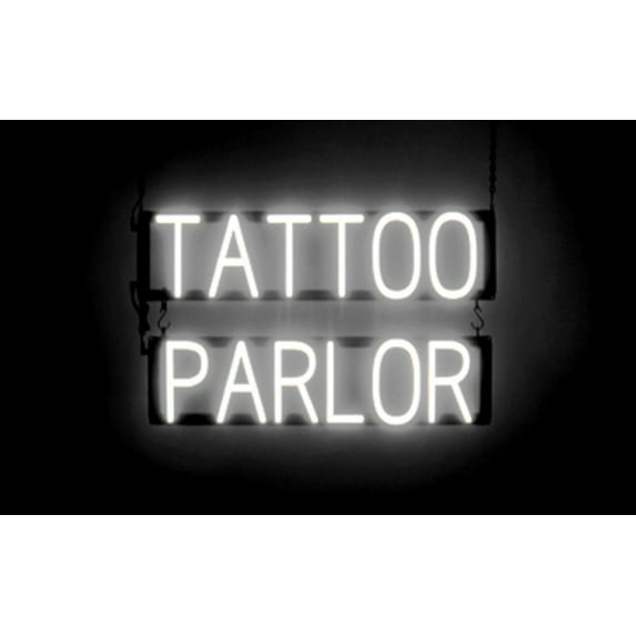 SpellBrite TATTOO PARLOR LED Sign for Business. 24.1" x 15.0" White TATTOO PARLOR Sign Has Neon Sign Look With Energy Efficient LED Light Source. Visible from 500+ Feet, 8 Animation Settings.