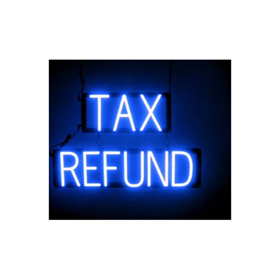 SpellBrite TAX REFUND LED Sign for Business. 23.5" x 15.0" Blue TAX REFUND Sign Has Neon Sign Look With Energy Efficient LED Light Source. Visible from 500+ Feet, 8 Animation Settings.