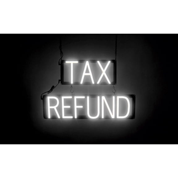 SpellBrite TAX REFUND LED Sign for Business. 23.5" x 15.0" White TAX REFUND Sign Has Neon Sign Look With Energy Efficient LED Light Source. Visible from 500+ Feet, 8 Animation Settings.