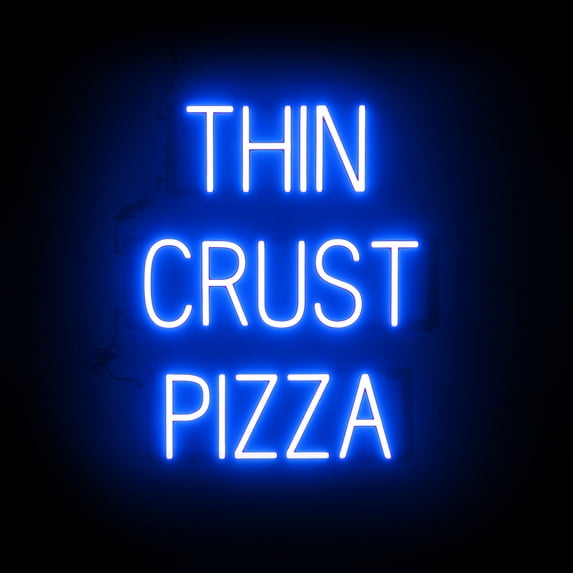 SpellBrite THIN CRUST PIZZA LED Sign for Business. 20.6" x 23.8" Blue THIN CRUST PIZZA Sign Has Neon Sign Look With Energy Efficient LED Light Source. Visible from 500+ Feet, 8 Animation Settings.