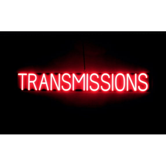 SpellBrite TRANSMISSIONS LED Sign for Business. 46.7" x 6.3" Red TRANSMISSIONS Sign Has Neon Sign Look With Energy Efficient LED Light Source. Visible from 500+ Feet, 8 Animation Settings.