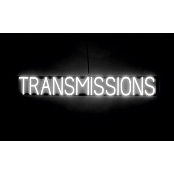 SpellBrite TRANSMISSIONS LED Sign for Business. 46.7" x 6.3" White TRANSMISSIONS Sign Has Neon Sign Look With Energy Efficient LED Light Source. Visible from 500+ Feet, 8 Animation Settings.