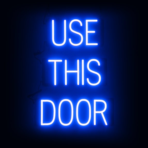 SpellBrite USE THIS DOOR LED Sign for Business. 17.4" x 23.8" Blue USE THIS DOOR Sign Has Neon Sign Look With Energy Efficient LED Light Source. Visible from 500+ Feet, 8 Animation Settings.