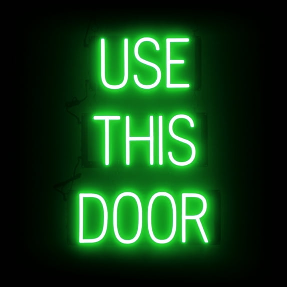 SpellBrite USE THIS DOOR LED Sign for Business. 17.4" x 23.8" Green USE THIS DOOR Sign Has Neon Sign Look With Energy Efficient LED Light Source. Visible from 500+ Feet, 8 Animation Settings.