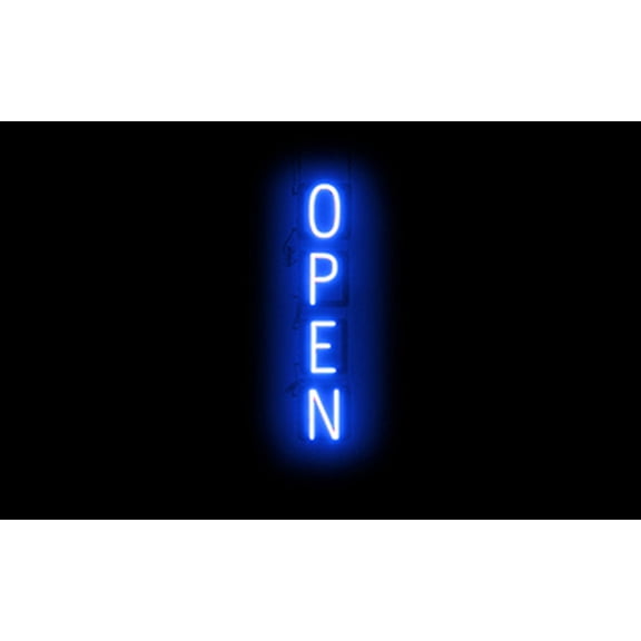 SpellBrite VERTICAL OPEN LED Sign for Business. 6.0" x 32.5" Blue VERTICAL OPEN Sign Has Neon Sign Look With Energy Efficient LED Light Source. Visible from 500+ Feet, 8 Animation Settings.