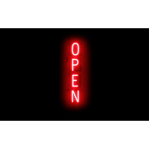 SpellBrite VERTICAL OPEN LED Sign for Business. 6.0" x 32.5" Red VERTICAL OPEN Sign Has Neon Sign Look With Energy Efficient LED Light Source. Visible from 500+ Feet, 8 Animation Settings.
