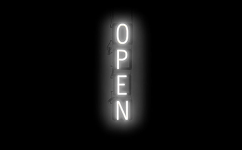 SpellBrite VERTICAL OPEN LED Sign for Business. 6.0" x 32.5" White VERTICAL OPEN Sign Has Neon Sign Look With Energy Efficient LED Light Source. Visible from 500+ Feet, 8 Animation Settings.