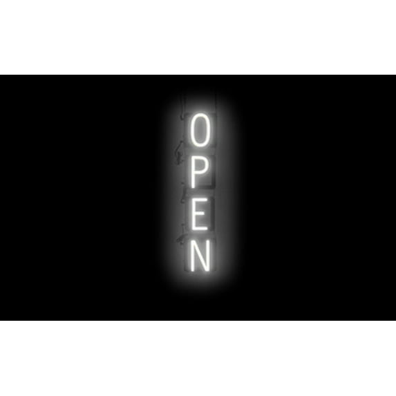 SpellBrite VERTICAL OPEN LED Sign for Business. 6.0" x 32.5" White VERTICAL OPEN Sign Has Neon Sign Look With Energy Efficient LED Light Source. Visible from 500+ Feet, 8 Animation Settings.
