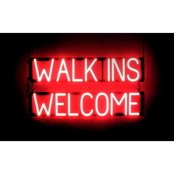 SpellBrite WALK INS WELCOME LED Sign for Business. 29.8" x 15.0" Red WALK INS WELCOME Sign Has Neon Sign Look With Energy Efficient LED Light Source. Visible from 500+ Feet, 8 Animation Settings.