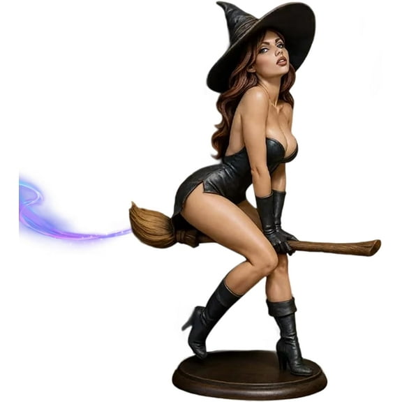 Spellbound Beauty Sexy Witch Halloween Bookshelf Figurine, 6" Hand-Painted Resin Gothic Dark Fairy Witch Riding on Magic Broom Mysterious Hooded Figurine Statue for Gift