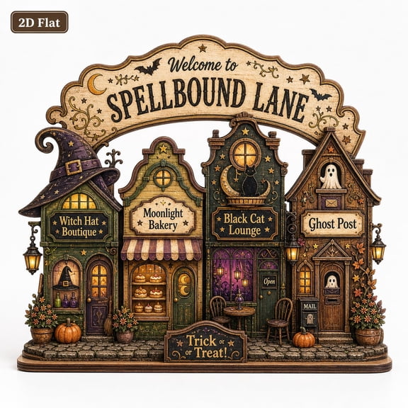 Spellbound Halloween Village Wooden Block, Spooky Shelf Decor, Witch Cat Ghost Decor