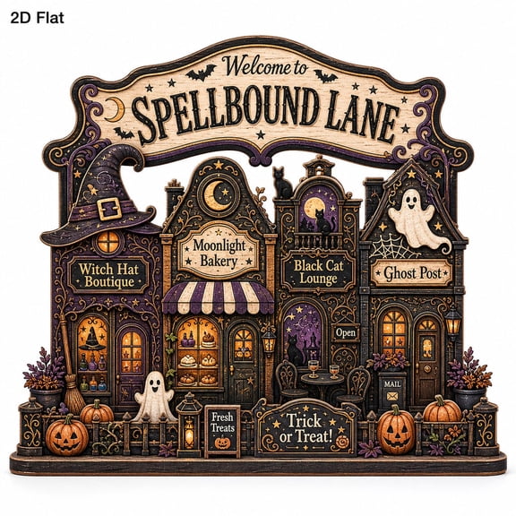 Spellbound Halloween Village Wooden Block, Spooky Shelf Decor, Witch Cat Ghost Decor