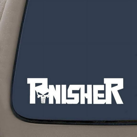 Spelled Out Punisher Decal | 8 Inches By 2.1 Inches | White Vinyl Decal | Car Truck Van SUV Laptop Macbook Wall Decals