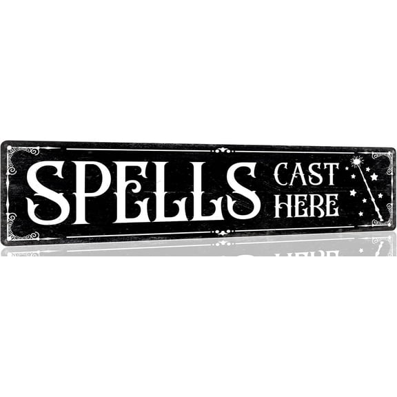 Spells Cast Here Tin Sign Vintage Halloween Metal Signs Gothic Halloween Witch Decorations for Cafe Bar Kitchen 4x16 Inch
