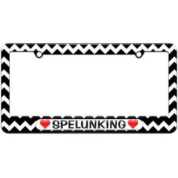 Spelunking Love with Hearts License Plate Tag Frame, Black Chevrons Design