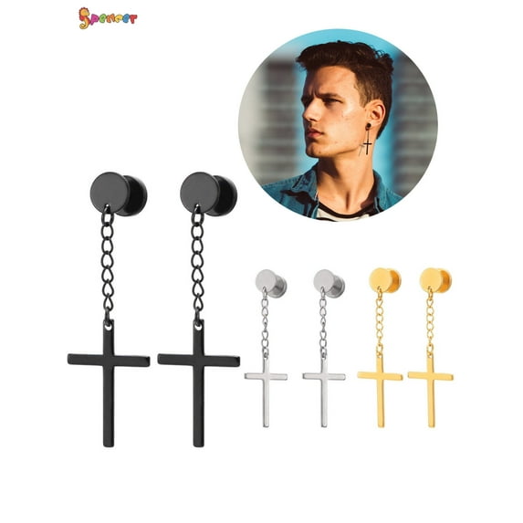 Spencer 1 Pair Fashion Cross Dangle Stainless Steel Circle Screw Stud Earrings for Men Women "Black"
