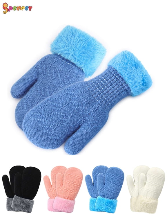 1 Pair Winter Mittens Gloves for Baby Kids, Unisex Cute Warm Fleece Lined Thermal Knit Gloves with String (Blue)