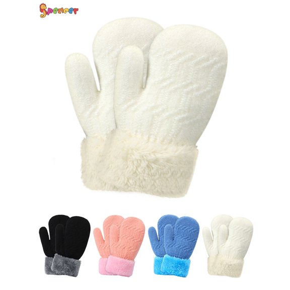 Spencer 1 Pair Winter Mittens Gloves for Baby Kids, Unisex Cute Warm Fleece Lined Thermal Knit Gloves with String (White)