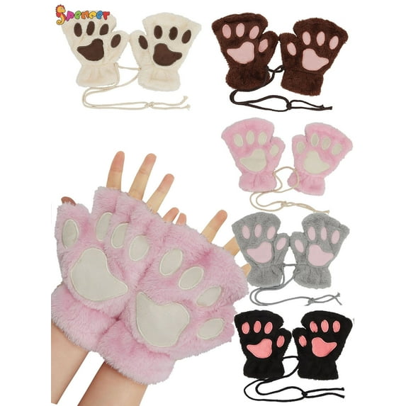 Spencer 1 Pair Women's Cat Paw Gloves Winter Plush Faux Fur Cute Kitten Fingerless Mittens (White)