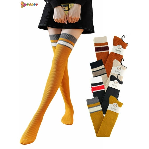 Spencer 1 Pair Womens Striped Tube Thigh High Socks Over the Knee Leg Warmer Tall Long Boot Stocking for Daily Wear - Yellow