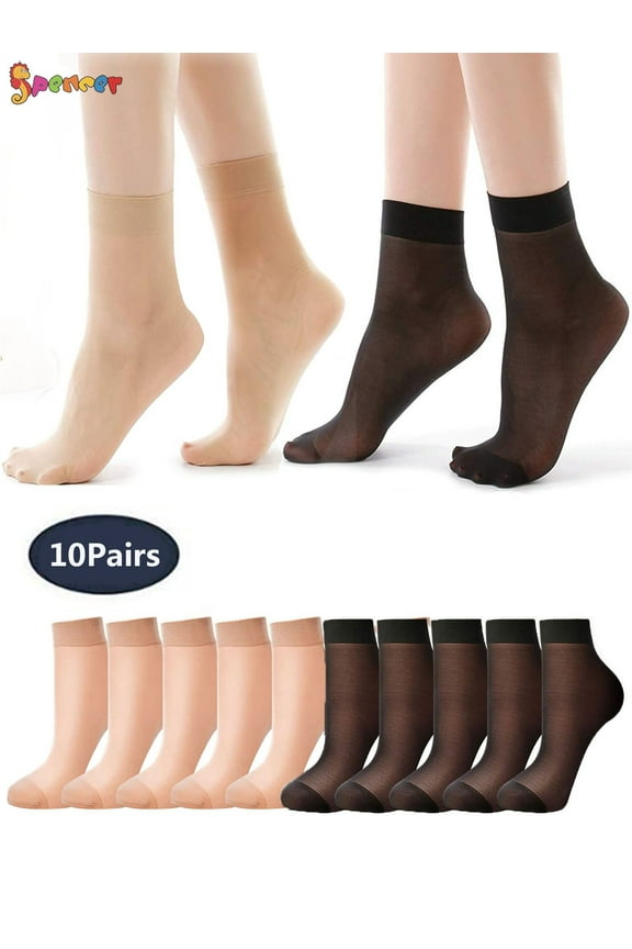 10 Pairs Women's Ankle High Sheer Nylon Socks Soft Tight Hosiery Silky Short Stocking "Black&Beige"