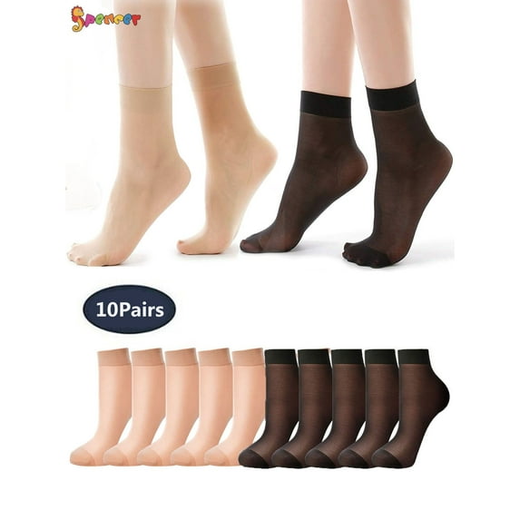 Spencer 10 Pairs Women's Ankle High Sheer Nylon Socks Soft Tight Hosiery Silky Short Stocking "Black&Beige"
