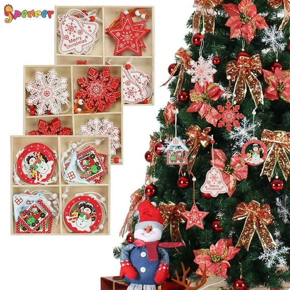 Spencer 12 Pcs Christmas Hangings Ornaments Wooden Slices Xmas Tree Decorations for Holiday Party with Wood Storage Box