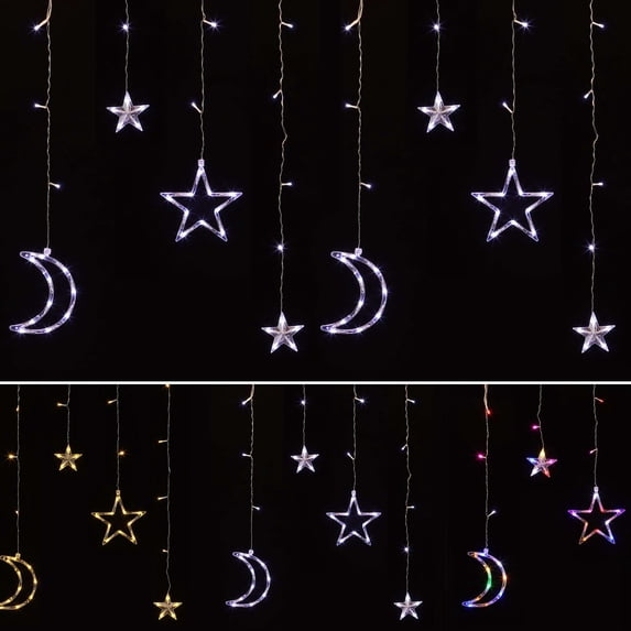 Spencer 120-Count LED Curtain Lights with Stars and Moons, Christmas Decorations Window Lights, Star Fairy Lights for Bedroom, 8 Modes Hanging Lights for Indoor Outdoor Party Wedding Birthday Decor