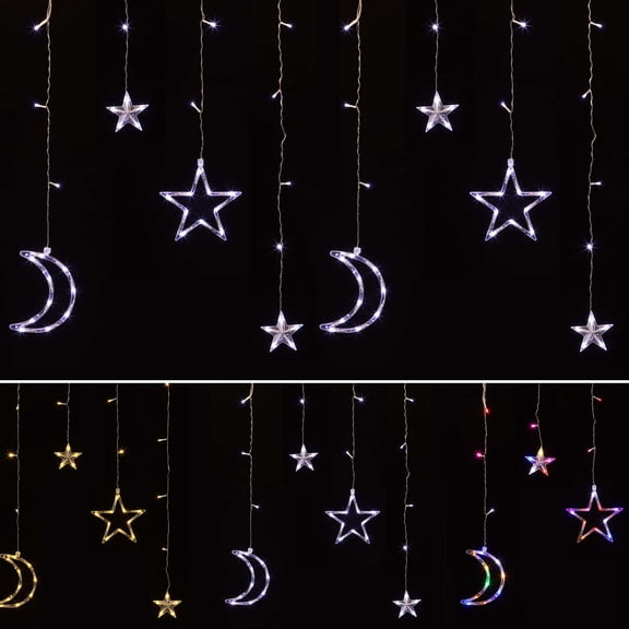 Spencer 120-Count LED Curtain Lights with Stars and Moons, Christmas Decorations Window Lights, Star Fairy Lights for Bedroom, 8 Modes Hanging Lights for Indoor Outdoor Party Wedding Birthday Decor