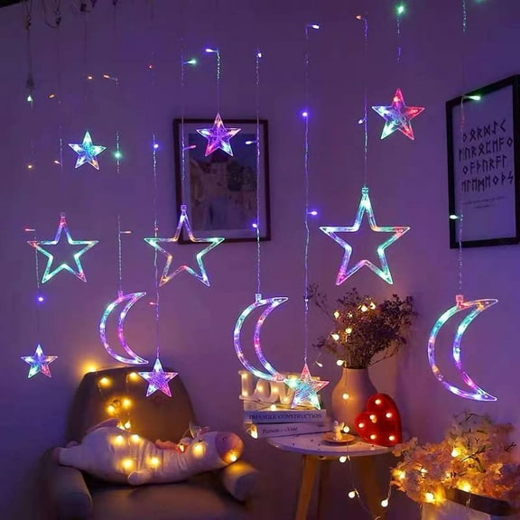 Spencer 120-Count LED Curtain Lights with Stars and Moons, Christmas Decorations Window Lights, Star Fairy Lights for Bedroom, 8 Modes Hanging Lights for Indoor Outdoor Party Wedding Birthday Decor