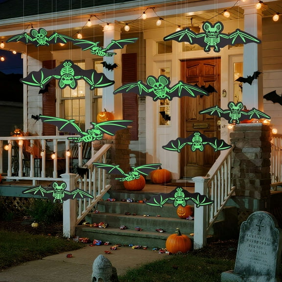 Spencer 12PCS Halloween Hanging Bats Decorations Outside, Scary Flying Glowing Skeleton Bats for Front Door Porch Yard Tree Halloween Decor
