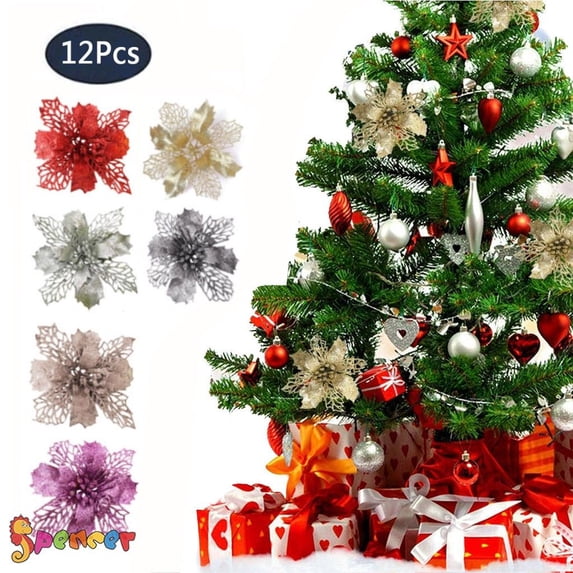 Spencer 12Pcs Christmas Poinsettia Flower Ornaments Glitter Floral Accessories Xmas Tree Wreaths Decorations for Wedding Party Home "Gold"