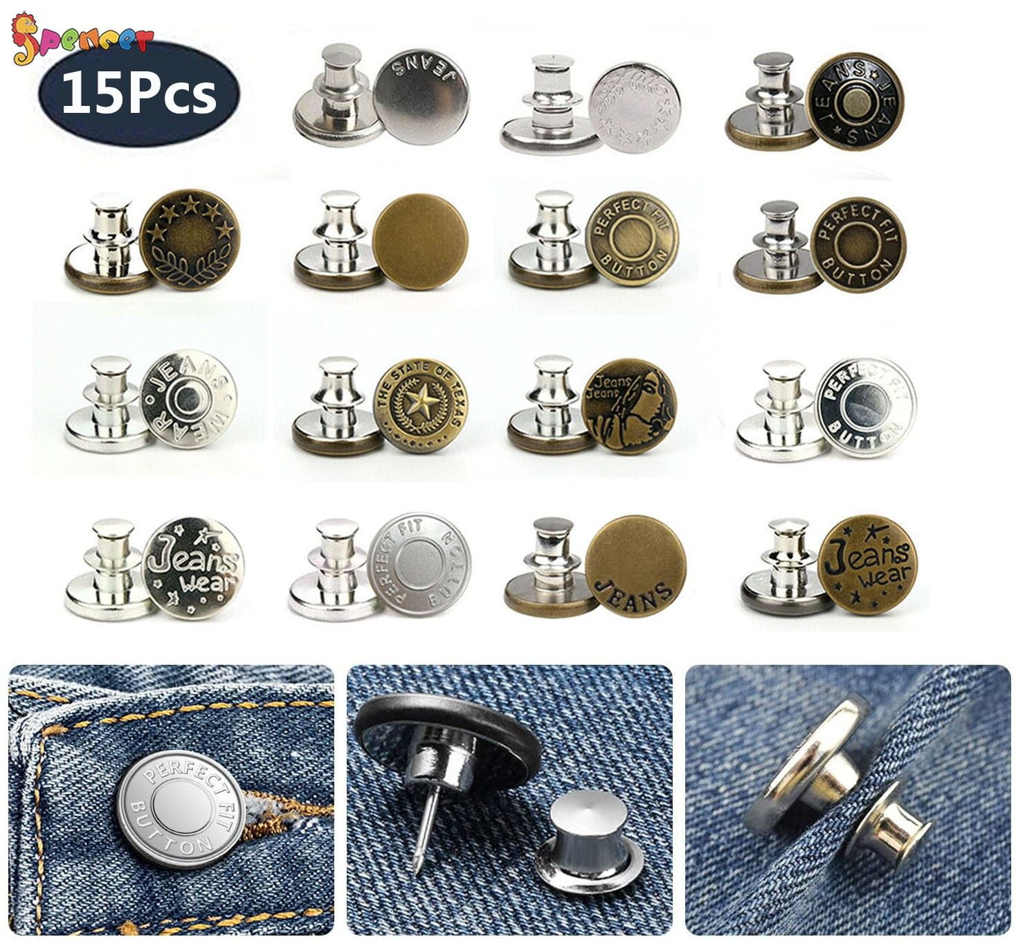 【BAON】Toike Cat Washing Snap Button Brushed W Denim PT XL~ Spencer 15Pcs Jeans Button Replacement, No Sew Instant Metal