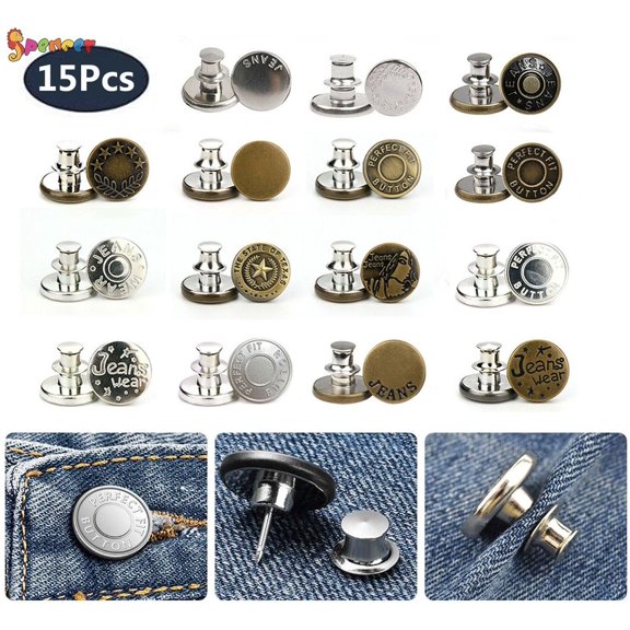 Spencer 15Pcs Jeans Button Replacement, No Sew Instant Metal Tack Button Detachable Pants Button Pins for Jeans, Sewing Pants, Leather Craft