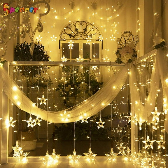 Spencer 16 Stars 96 LED Christmas Star Lights, Curtain String Lights Plug In for Bedroom Wall Decor with 8 Modes, Waterproof Hanging Window Lights For Winter Wonderland Christmas Decorations