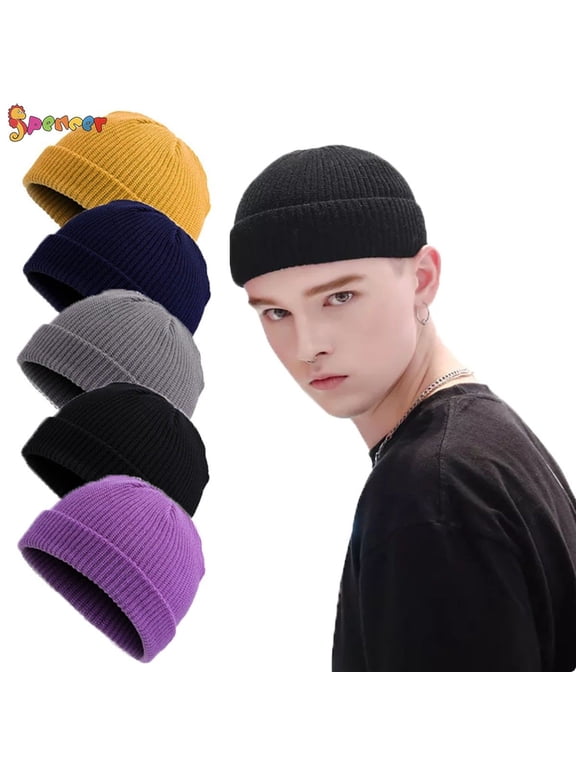 1PC Swag Wool Fisherman Beanies for Men, Knit Short Watch Cap Winter Warm Hats (Black)