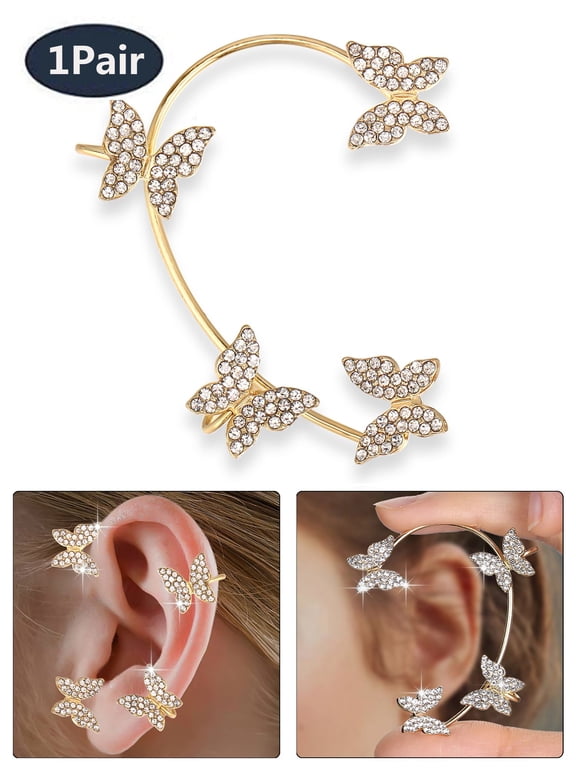 1Pair Zircon Butterfly Earrings for Women, Ear Wrap Crawler Earrings No Piercing Butterfly Ear Clip Fake Earrings for Ladies (Gold)