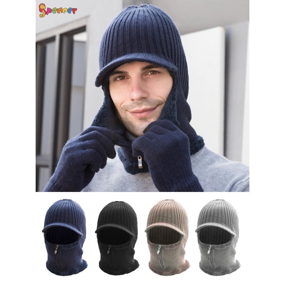 Spencer 2 In 1 Men Winter Warm Balaclava Beanie Hat Scarf Knit Caps Windproof Conjoined Sleeve Wool Cap Zipper Neck Warmer Ear Protector "Navy Blue"
