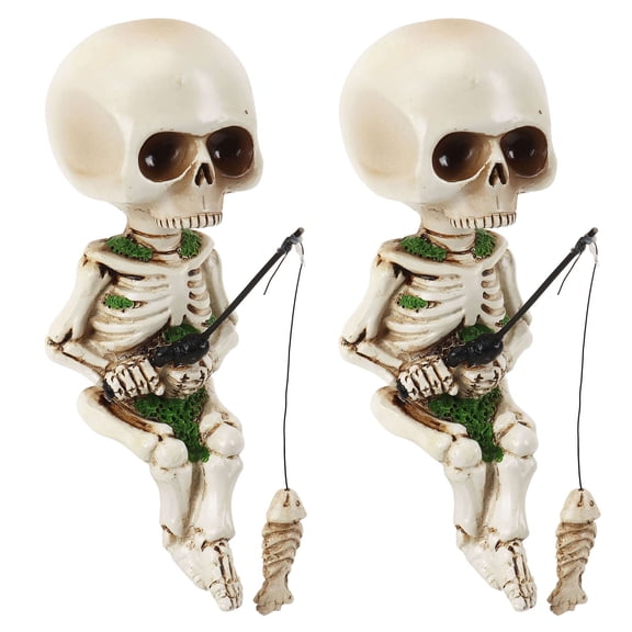 Spencer 2 Pack Fishing Skeleton Garden Accessory, Mini Halloween Skeleton Figurines Statue Decor for Pond Fountain Waterfalls Poolside Home Ornament, Cool Halloween Decor Outdoor