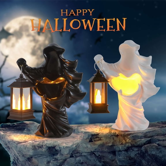 Spencer 2 Pack Halloween Hell Messenger Lantern Lights Faceless Ghost Sculpture Halloween Decorations Witch Resin Statue for Home Room Desk Garden Yard Outdoor Decor