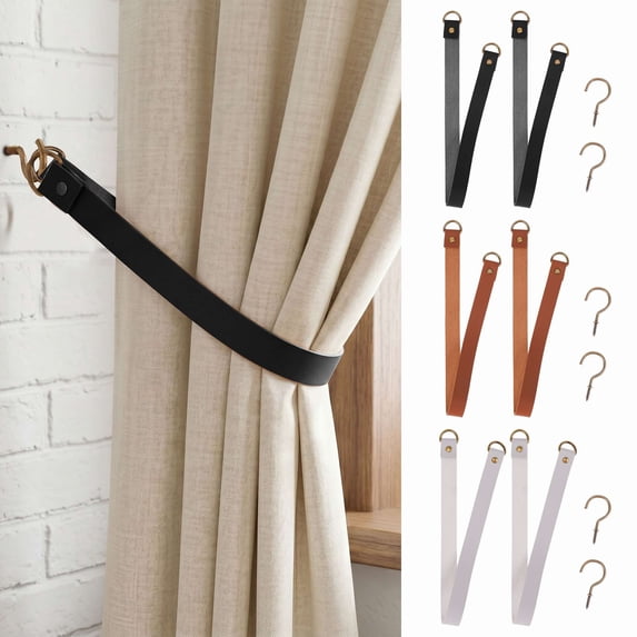 Spencer 2 Pack Leather Curtain Tie Backs Attach to Wall, Drape Holder Holdbacks Tiebacks with Metal Hooks