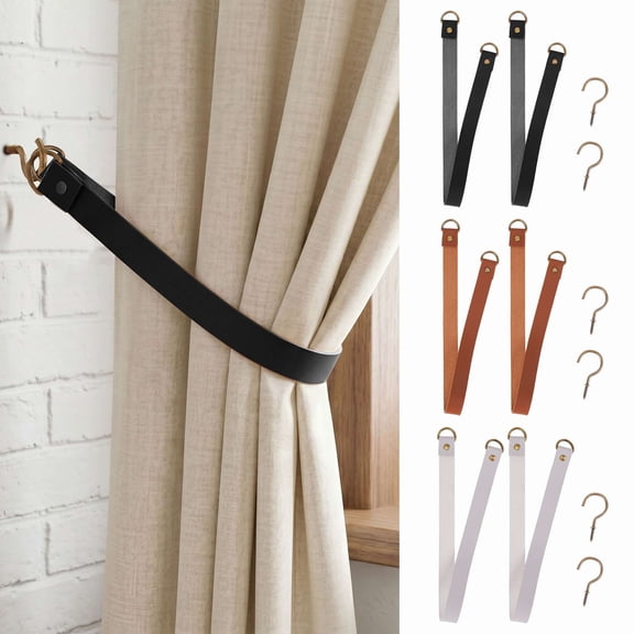 Spencer 2 Pack Leather Curtain Tie Backs Attach to Wall, Drape Holder Holdbacks Tiebacks with Metal Hooks