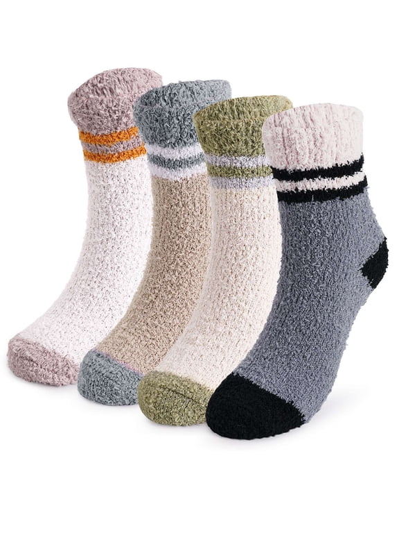 2 Pack Men Fuzzy Socks Warm Winter Soft Fluffy Cozy Slipper Fleece Socks Striped Socks for Men, Camel