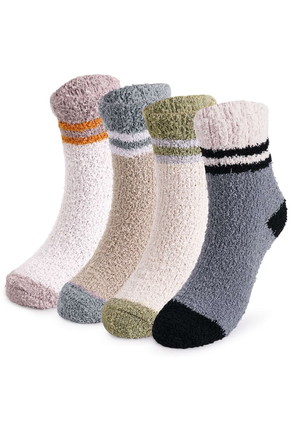 2 Pack Men Fuzzy Socks Warm Winter Soft Fluffy Cozy Slipper Fleece Socks Striped Socks for Men, Camel