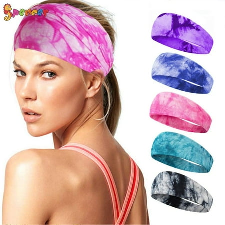 Spencer 2 Pack Women Tie Dye Headbands Stretch Head Bands Sweat Absorbent Elastic Yoga Hairband for Running Yoga Fitness "Black"